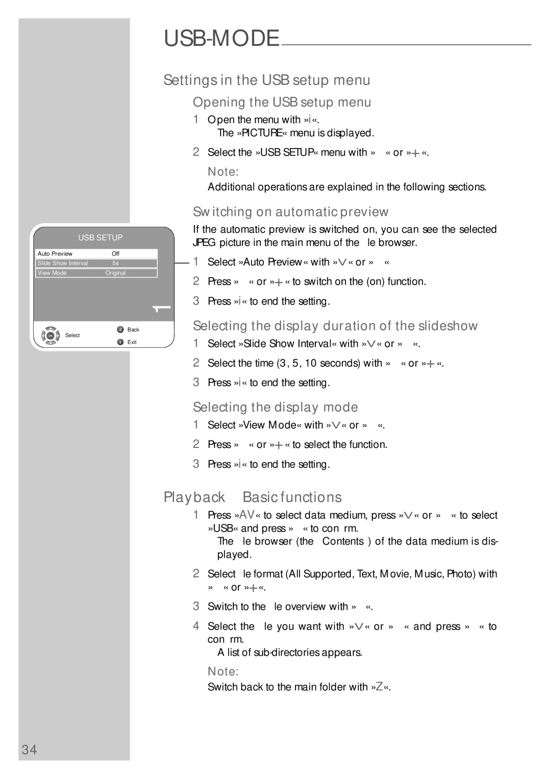 Grundig VISION 7 42-7952 T, VISION 7 37-7952 T manual Settings in the USB setup menu, Playback Basic functions 