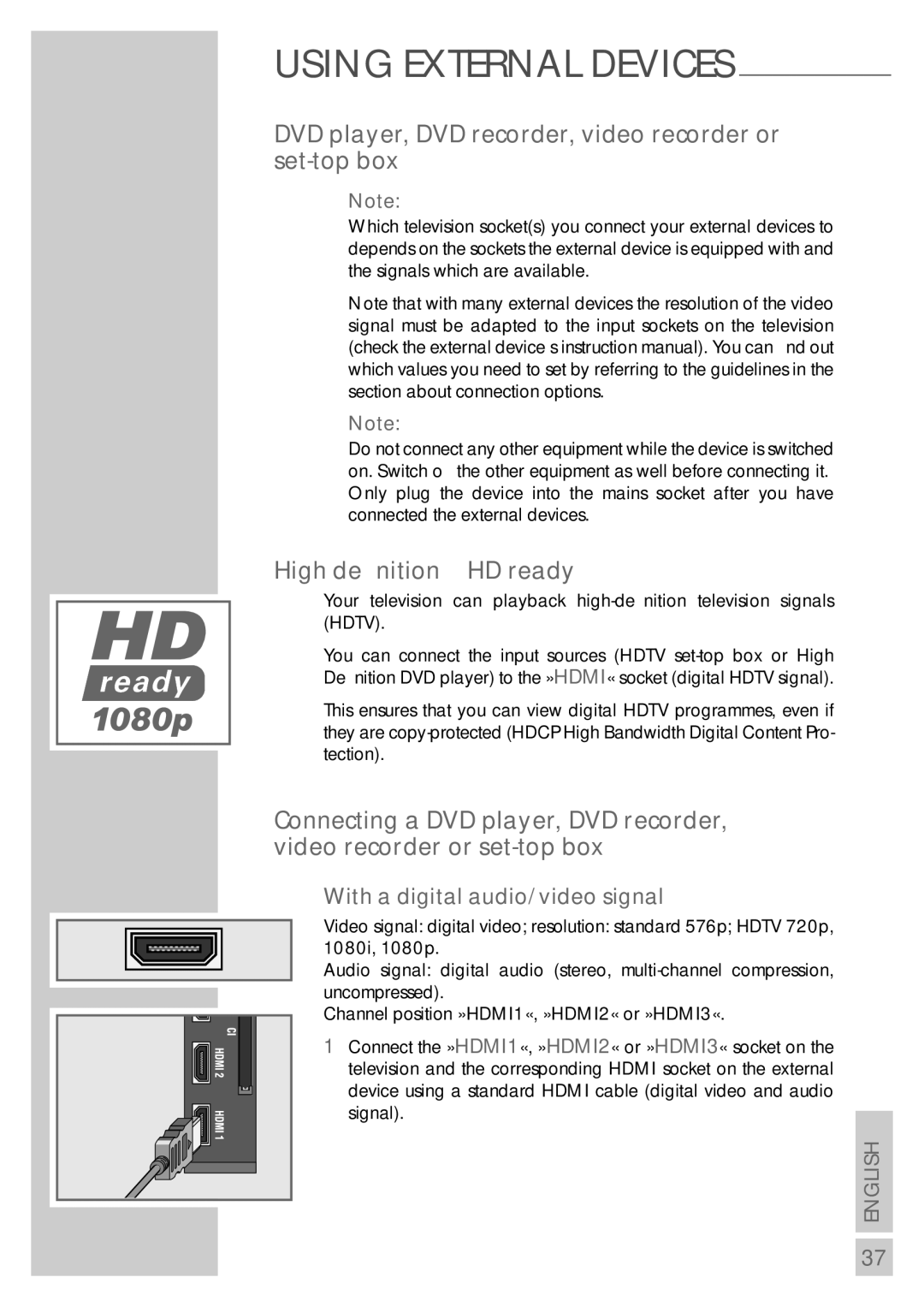 Grundig VISION 7 37-7952 T manual DVD player, DVD recorder, video recorder or set-top box, High deﬁnition HD ready 