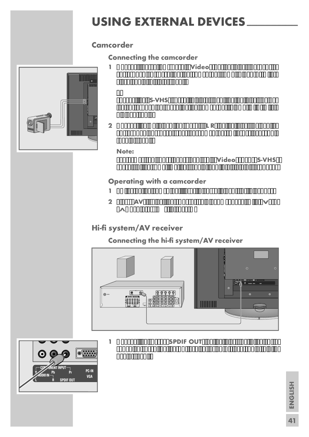 Grundig VISION 7 37-7952 T manual Camcorder, Hi-ﬁ system/AV receiver, Connecting the camcorder, Operating with a camcorder 