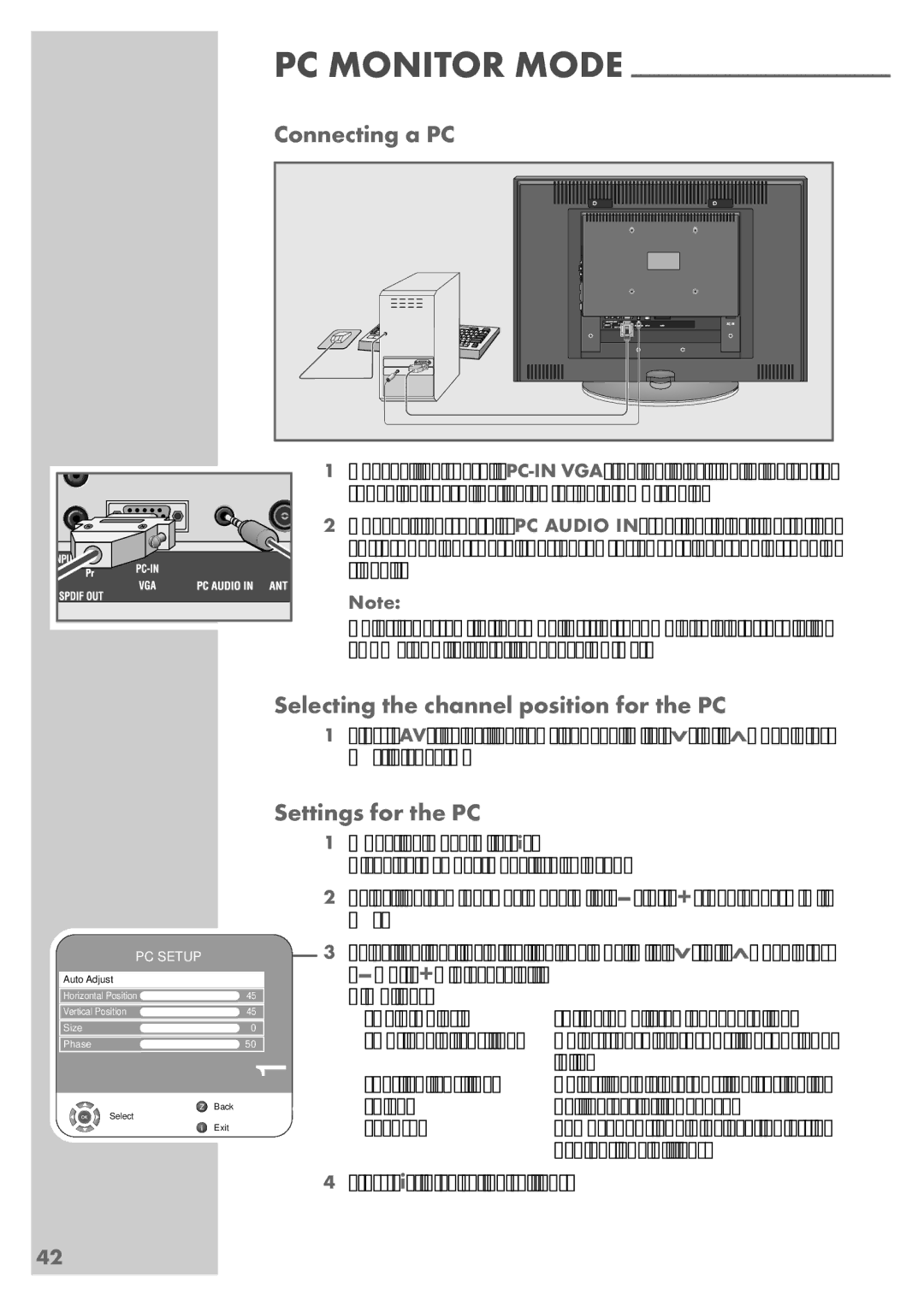 Grundig VISION 7 42-7952 T manual Connecting a PC, Selecting the channel position for the PC, Settings for the PC 