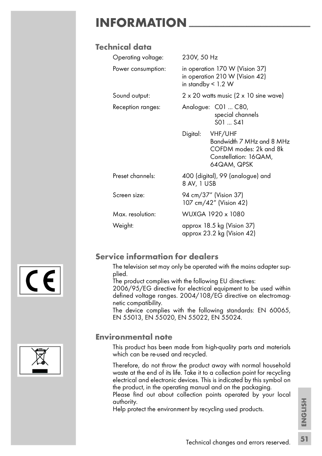 Grundig VISION 7 37-7952 T, VISION 7 42-7952 T manual Technical data, Service information for dealers, Environmental note 