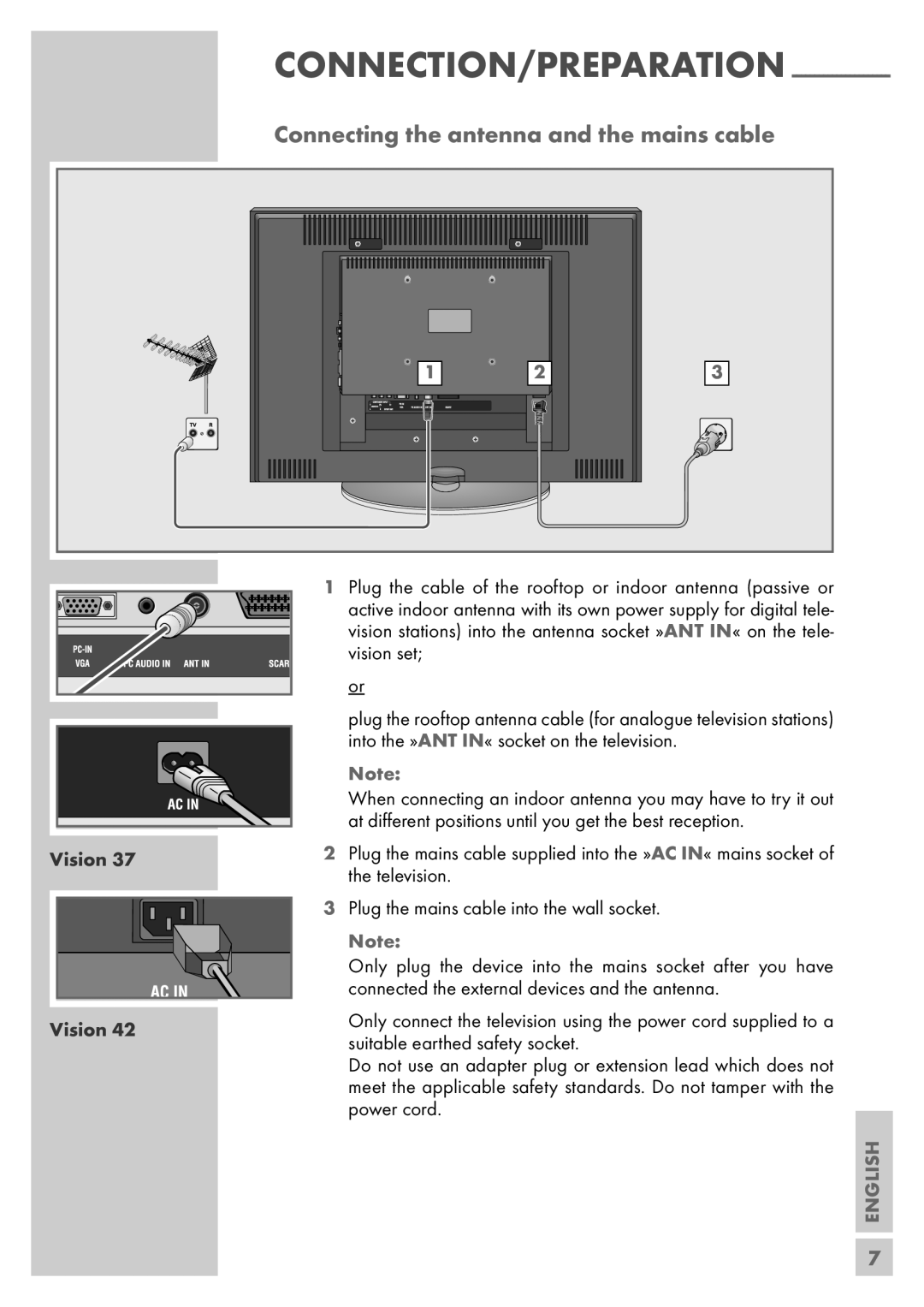 Grundig VISION 7 37-7952 T manual Connecting the antenna and the mains cable, Plug the mains cable into the wall socket 