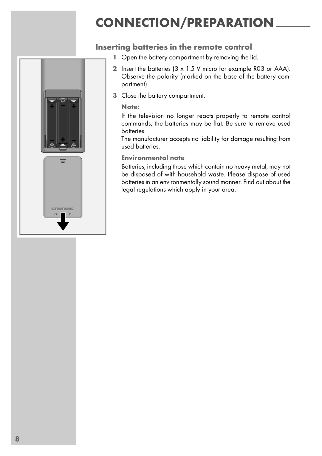 Grundig VISION 7 42-7952 T, VISION 7 37-7952 T manual Inserting batteries in the remote control, Environmental note 