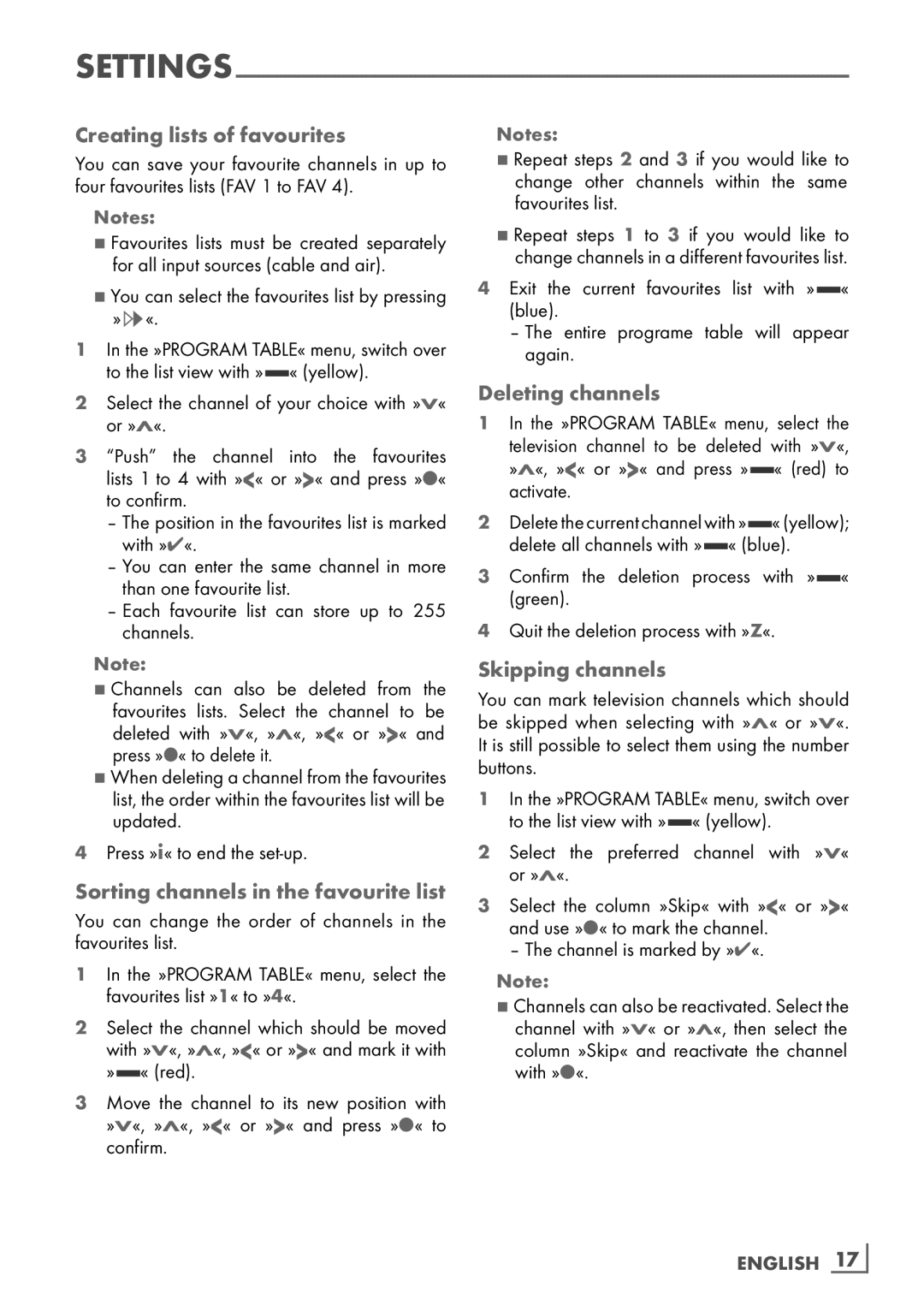 Grundig VLE 7131 BF manual Creating lists of favourites, Sorting channels in the favourite list, Deleting channels 