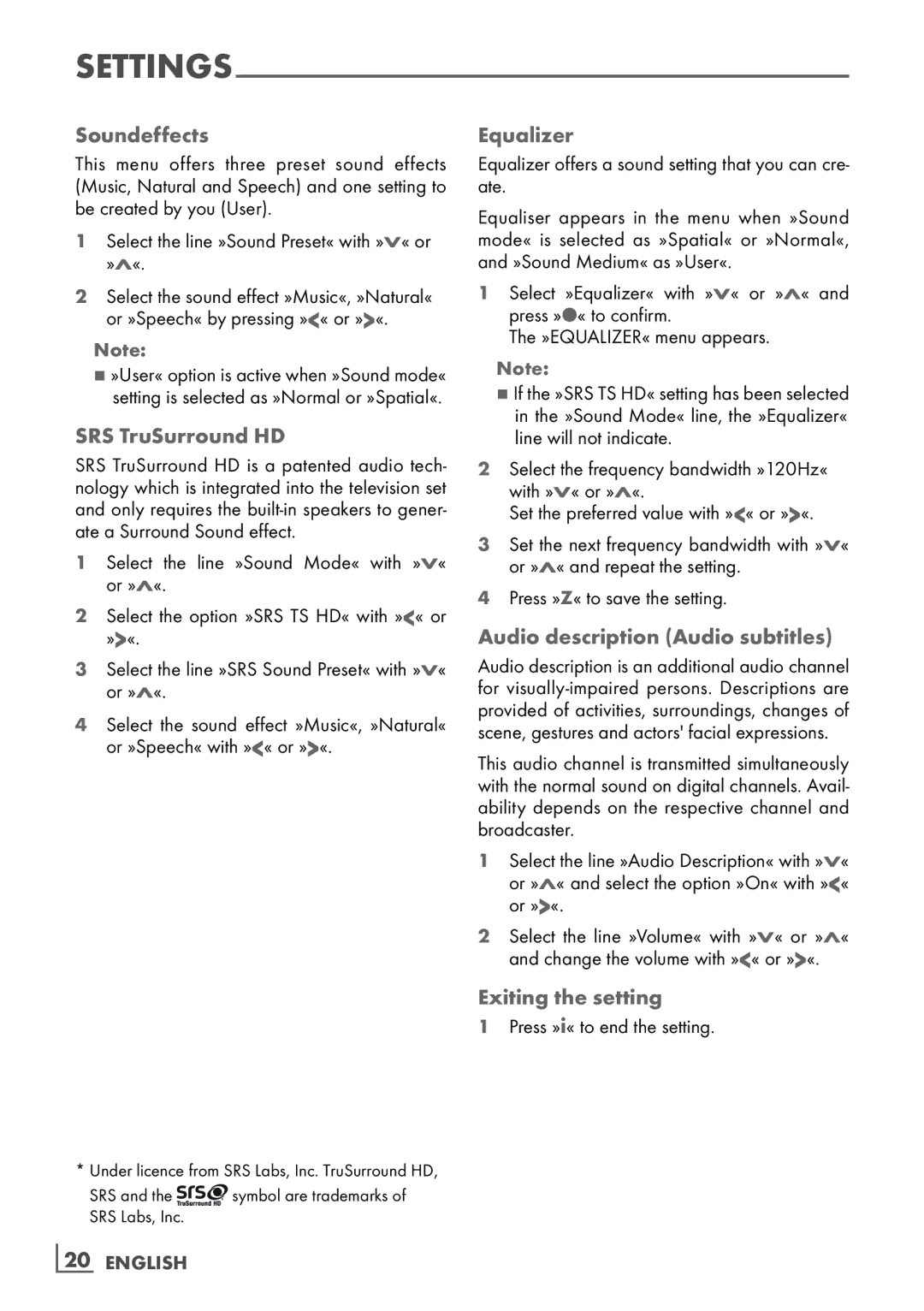 Grundig VLE 7131 BF Soundeffects, SRS TruSurround HD, Equalizer, Audio description Audio subtitles, Exiting the setting 