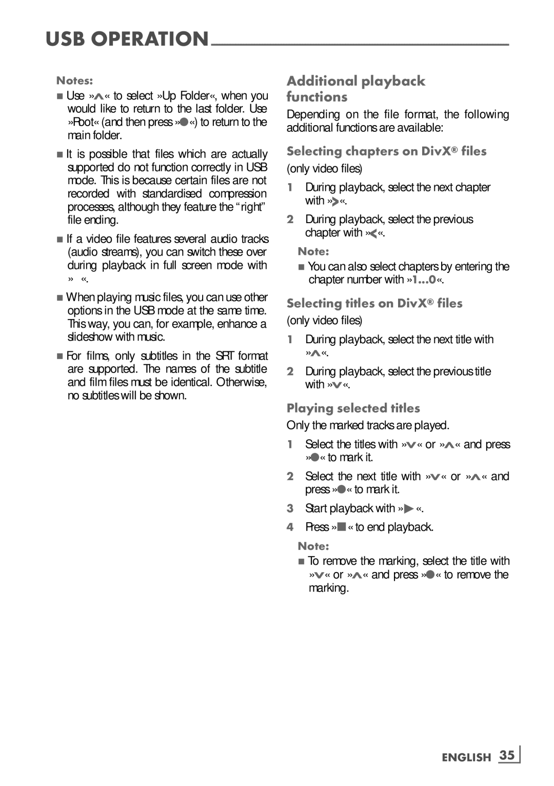 Grundig VLE 7131 BF Additional playback ­ functions, Selecting chapters on DivX files, Selecting titles on DivX files 