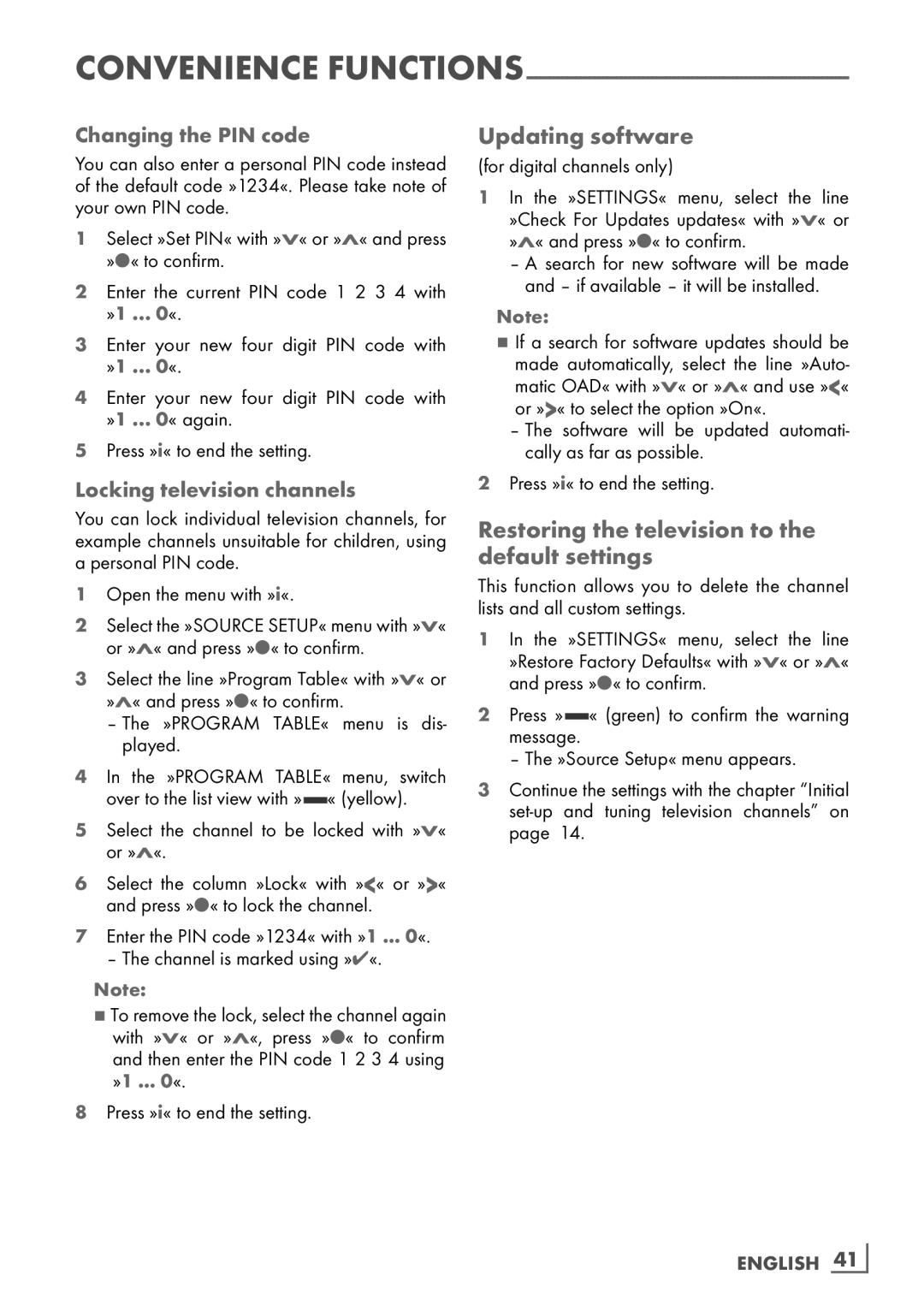 Grundig VLE 7131 BF manual Updating software, Restoring the television to the default settings, Changing the PIN code 