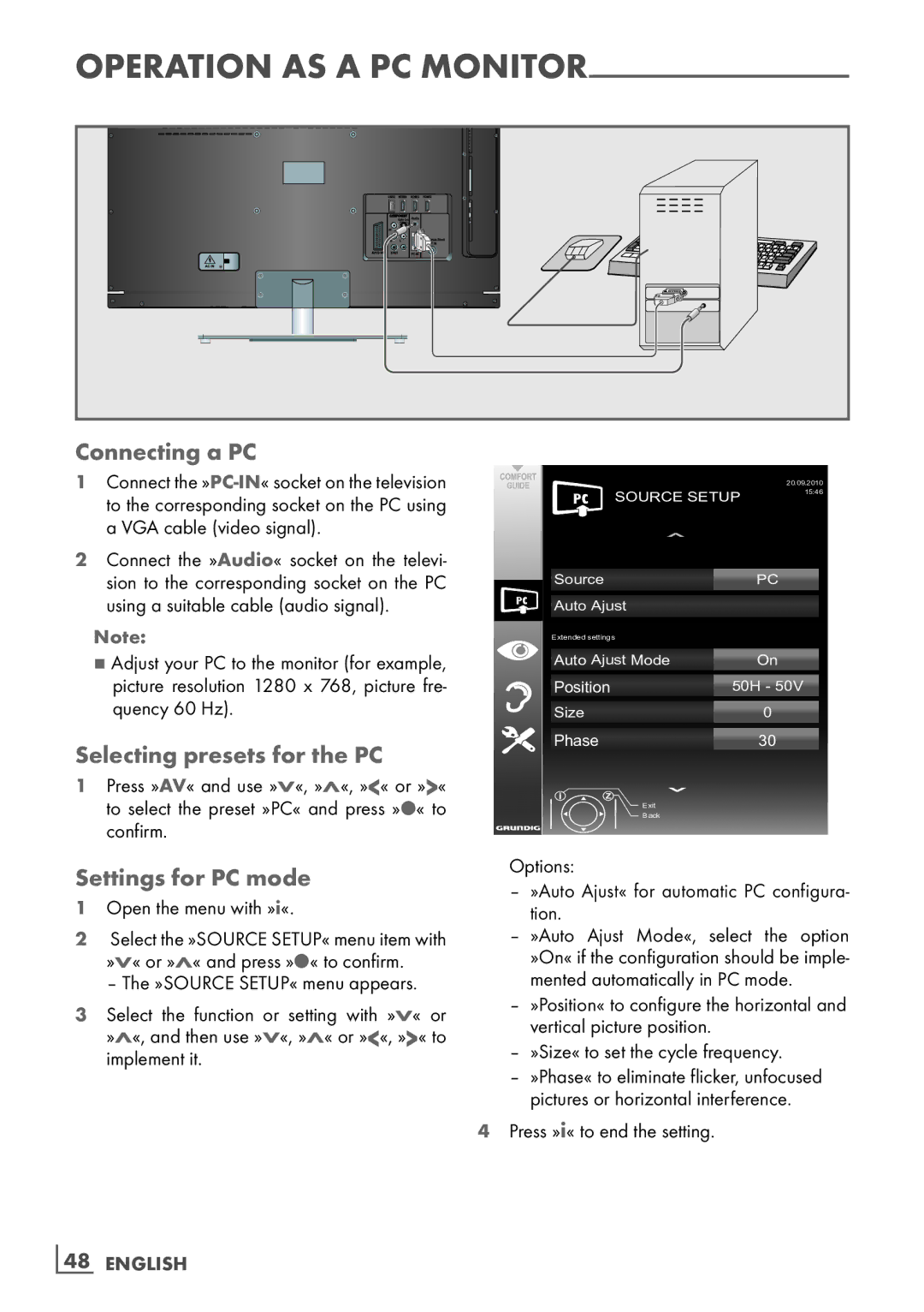 Grundig VLE 7131 BF Connecting a PC, Selecting presets for the PC, Settings for PC mode, »Size« to set the cycle frequency 