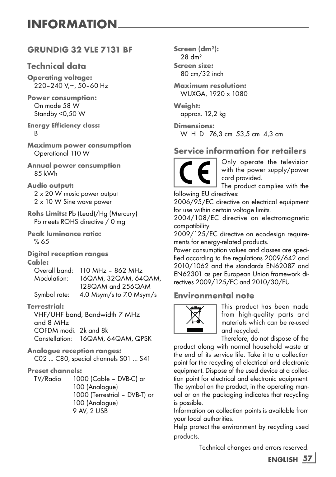 Grundig manual Grundig 32 VLE 7131 BF Technical data, Service information for retailers, Environmental note 