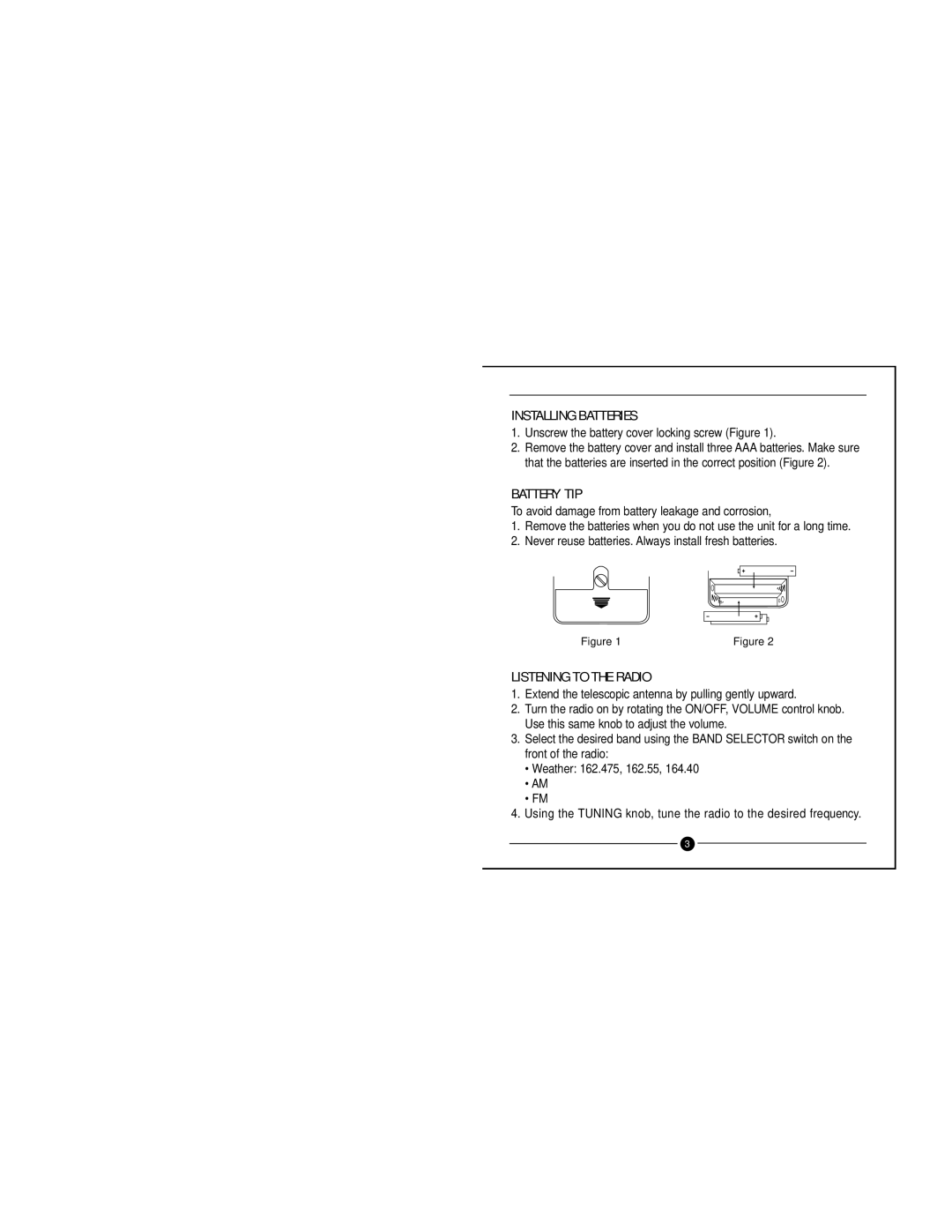 Grundig Weather/AM/FM Radio manual Installing Batteries, Battery TIP, Listening to the Radio 