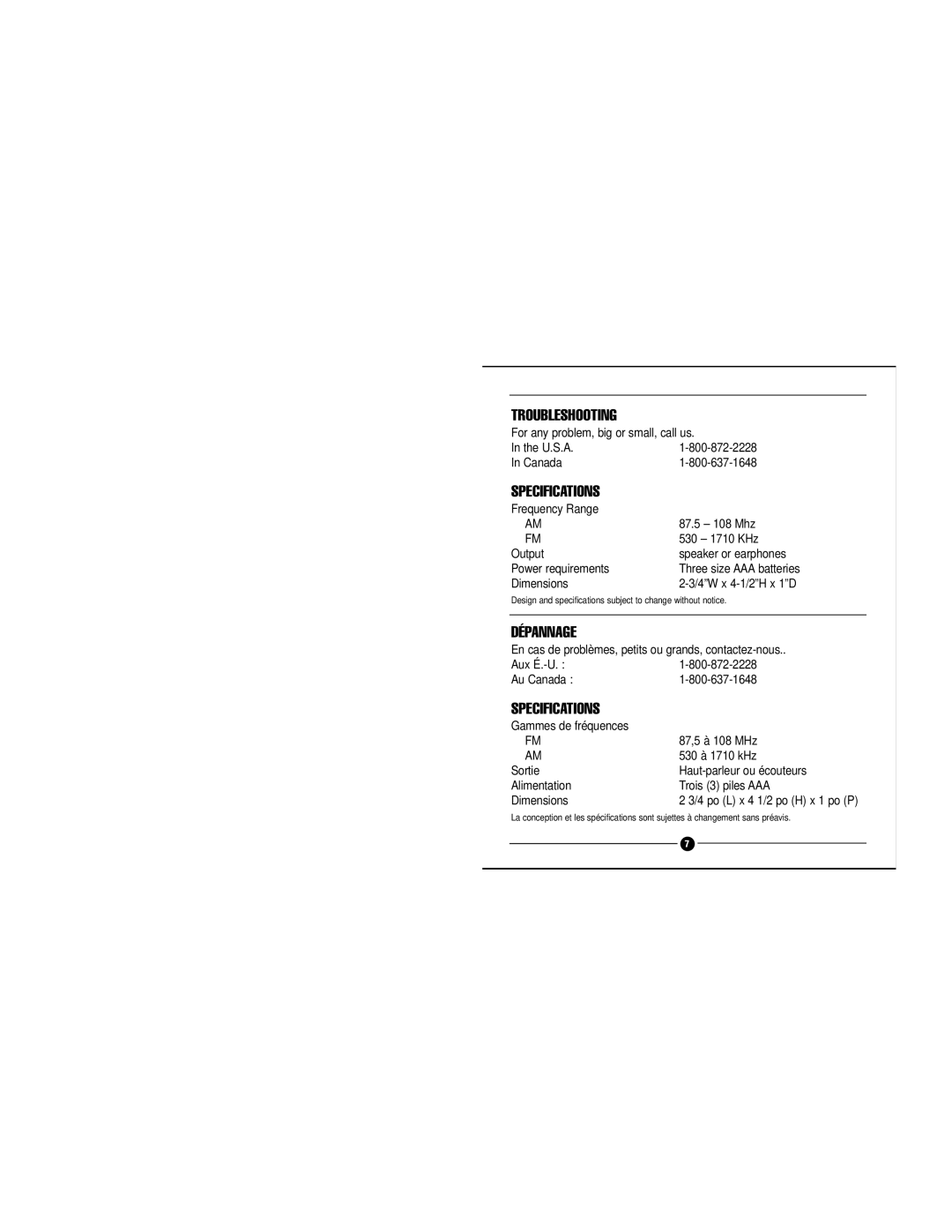 Grundig Weather/AM/FM Radio manual Troubleshooting, Specifications, Dépannage 