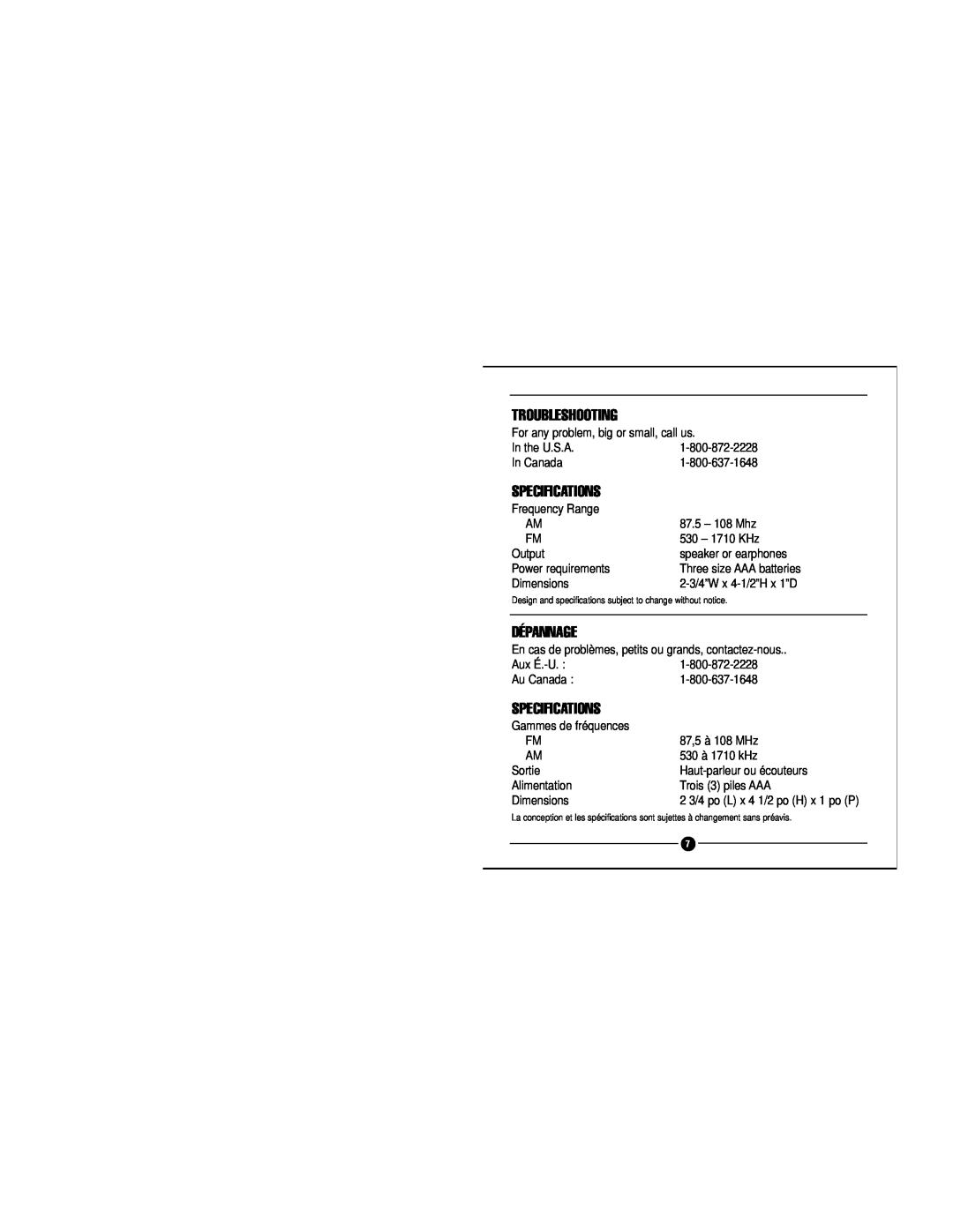 Grundig Weather/AM/FM Radio manual Troubleshooting, Specifications, Dépannage 