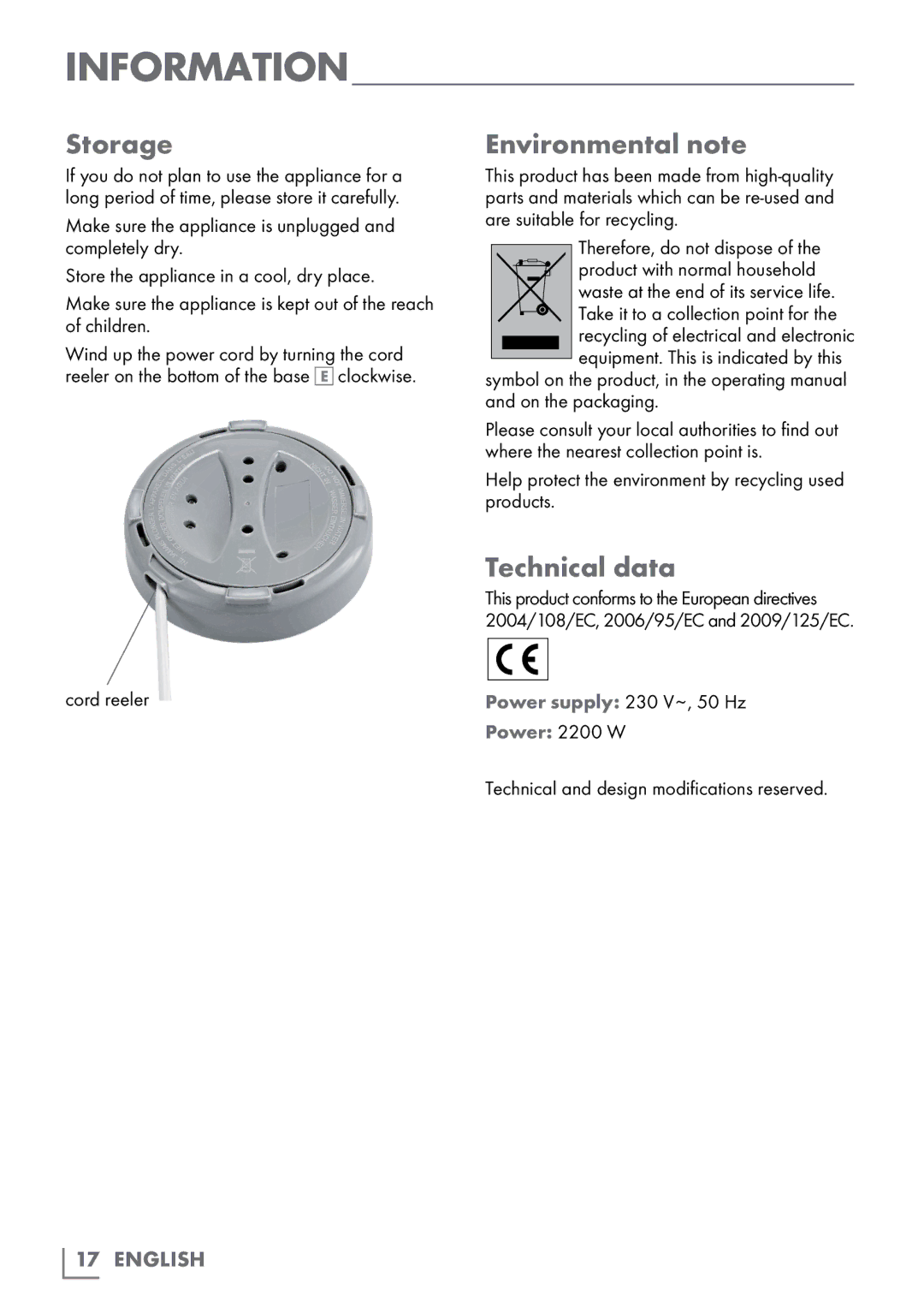 Grundig WK 4062 manual Storage, Environmental note, Technical data 