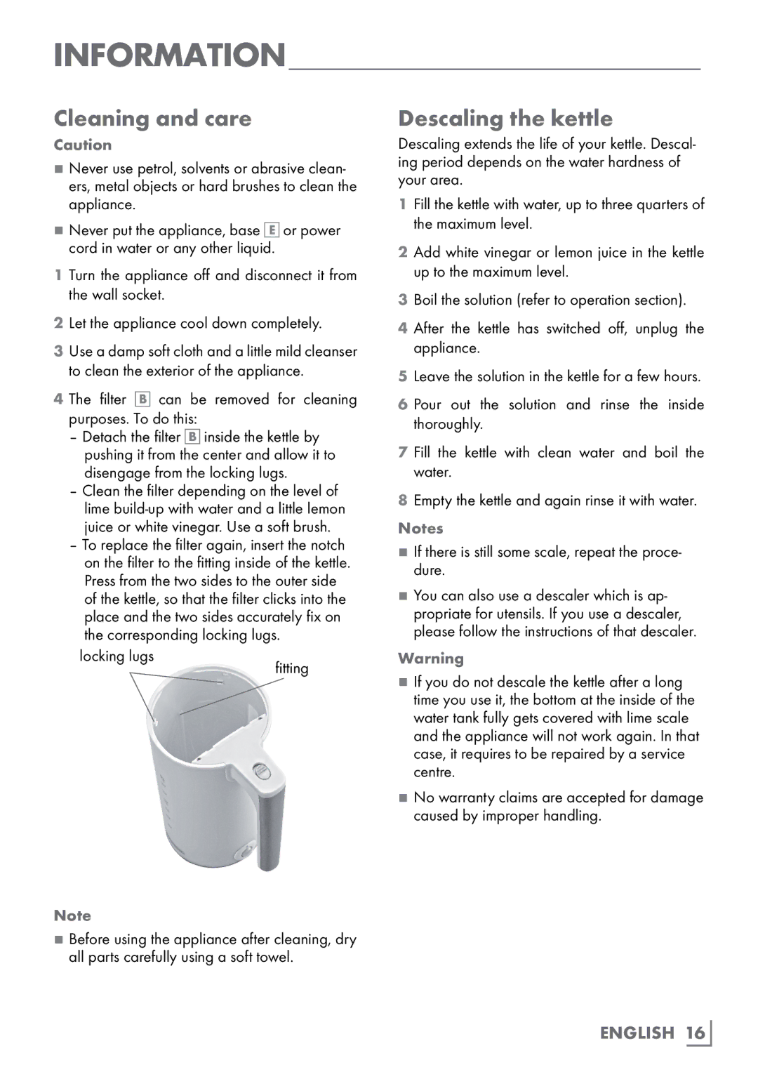 Grundig WK 4062 manual Information, Cleaning and care, Descaling the kettle 