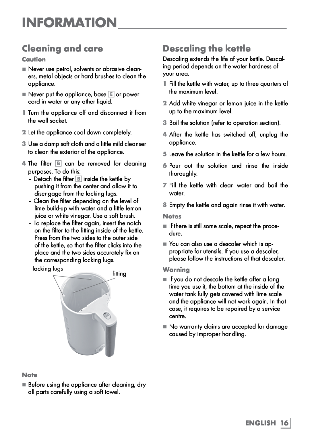 Grundig WK 4062 manual Information, Cleaning and care, Descaling the kettle, English 