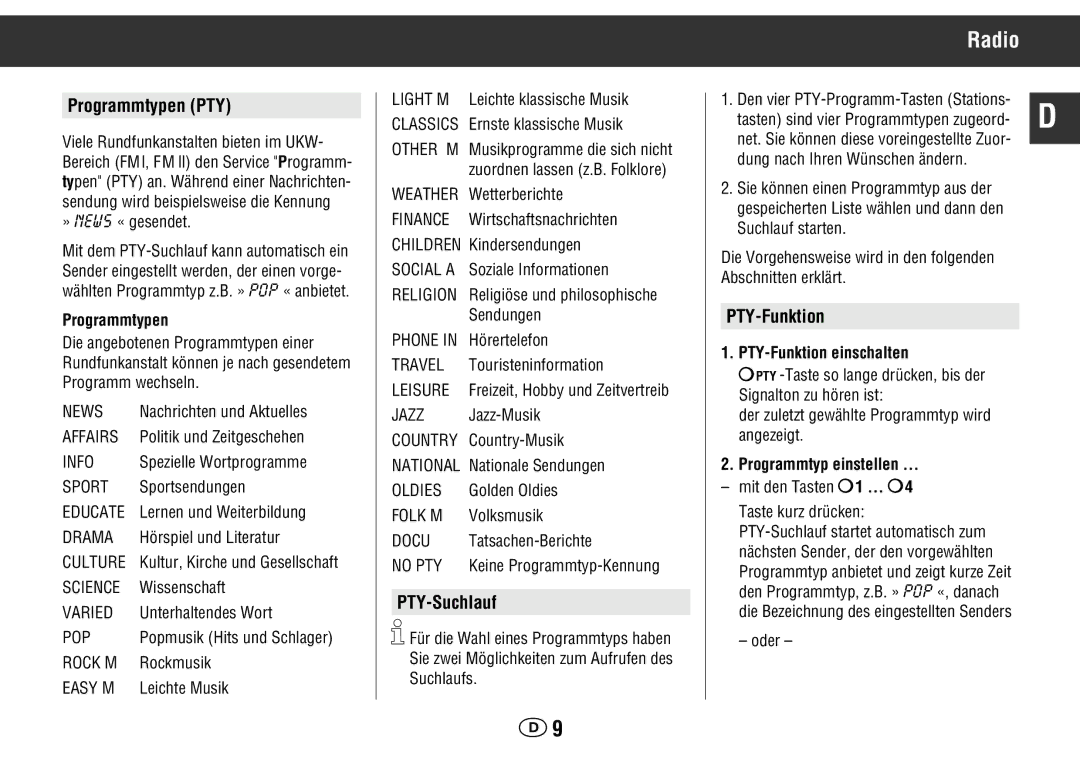 Grundig WKC 3705 RDS manual Programmtypen PTY, PTY-Suchlauf, PTY-Funktion 