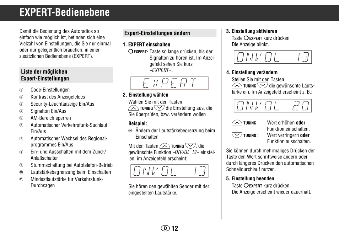 Grundig WKC 3705 RDS manual EXPERT-Bedienebene, Liste der möglichen Expert-Einstellungen, Expert-Einstellungen ändern 