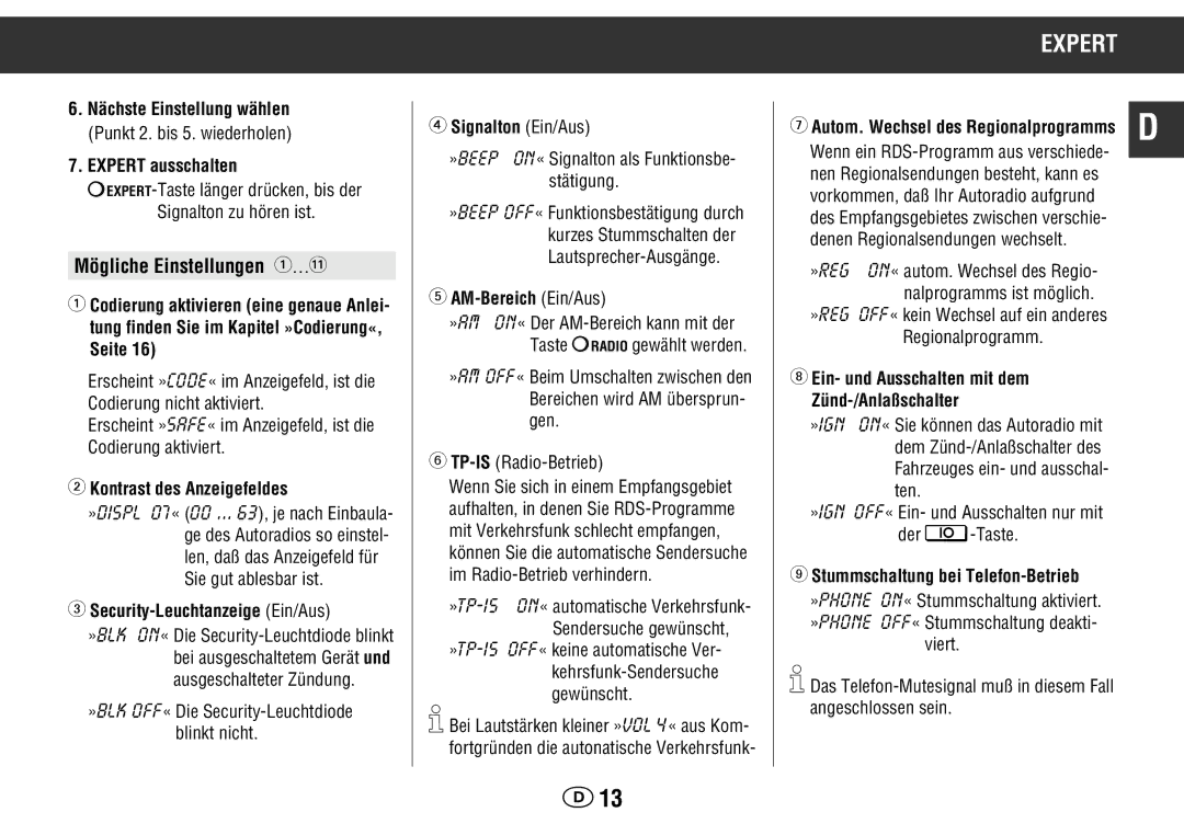 Grundig WKC 3705 RDS Expert ausschalten, Kontrast des Anzeigefeldes, Security-Leuchtanzeige Ein/Aus, Signalton Ein/Aus 