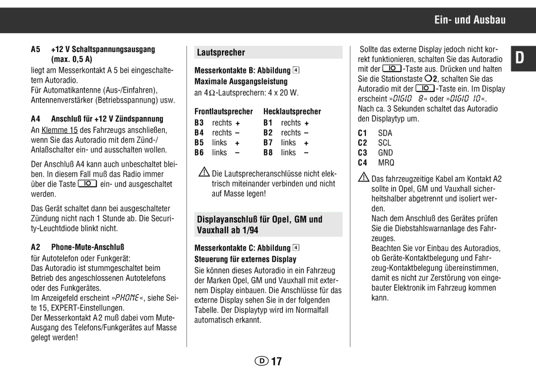 Grundig WKC 3705 RDS manual Ein- und Ausbau, Lautsprecher, Displayanschluß für Opel, GM und Vauxhall ab 1/94 