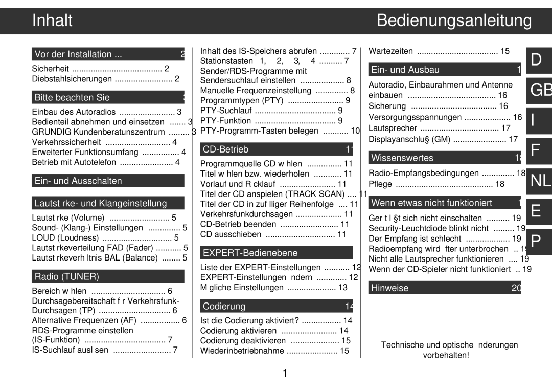 Grundig WKC 3705 RDS manual Inhalt, Bedienungsanleitung 