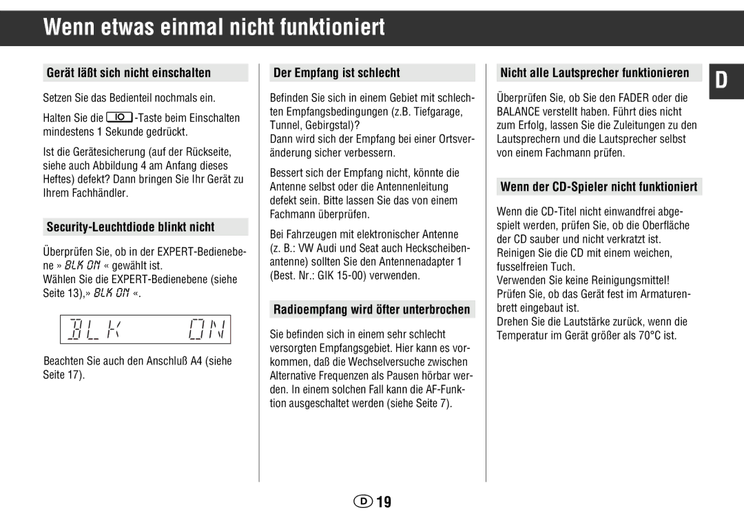 Grundig WKC 3705 RDS Wenn etwas einmal nicht funktioniert, Gerät läßt sich nicht einschalten, Der Empfang ist schlecht 