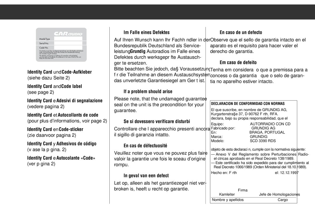 Grundig WKC 3705 RDS manual If a problem should arise, Se si dovessero verificare disturbi, En cas de défectuosité 