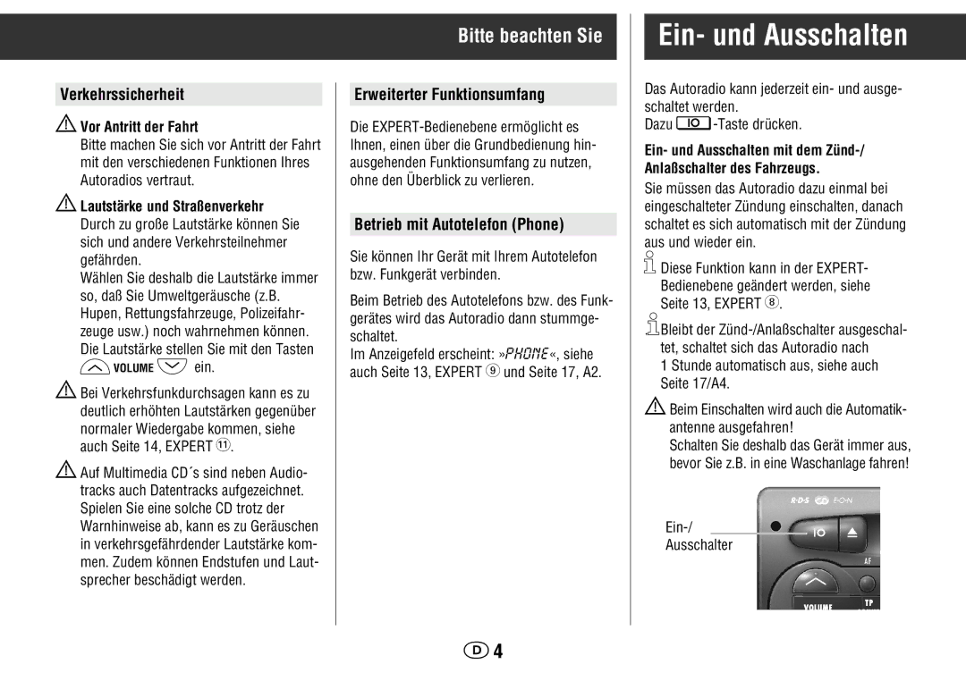 Grundig WKC 3705 RDS manual Ein- und Ausschalten, Bitte beachten Sie, Verkehrssicherheit, Erweiterter Funktionsumfang 