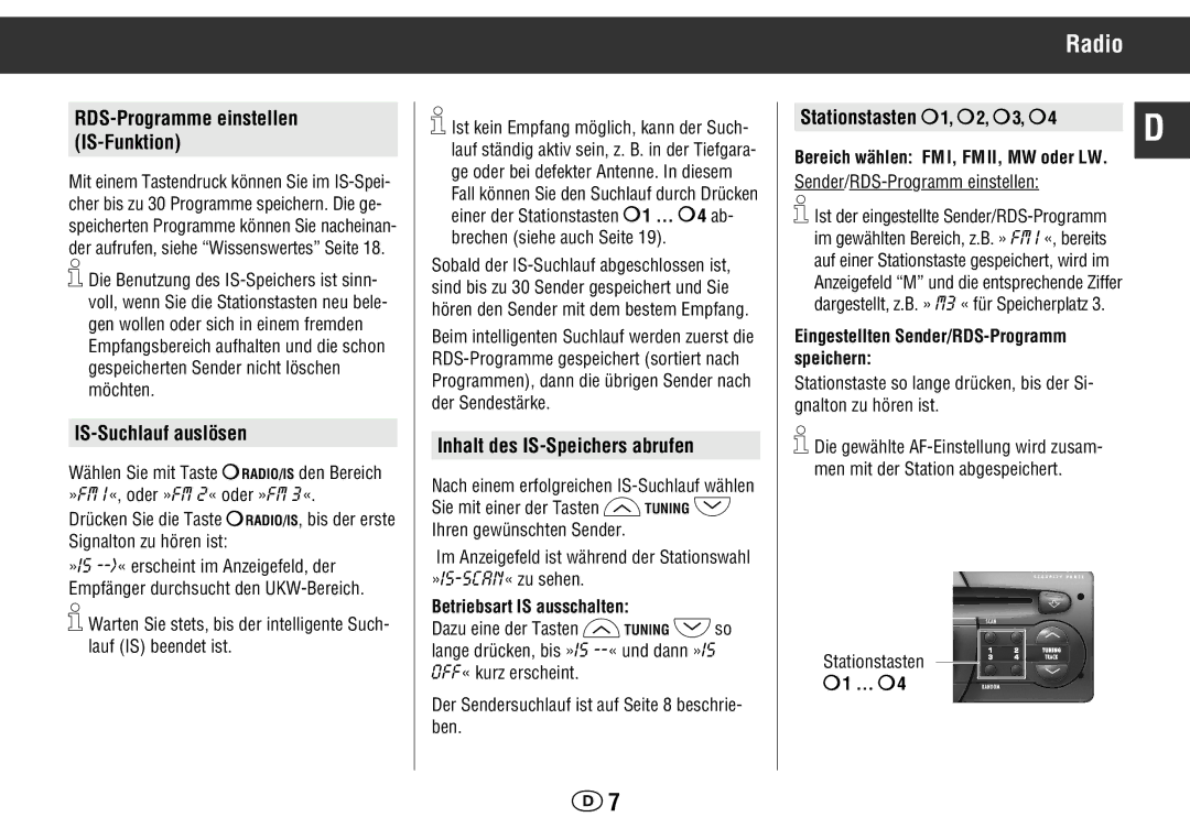 Grundig WKC 3705 RDS Radio, RDS-Programme einstellen IS-Funktion, IS-Suchlauf auslösen, Inhalt des IS-Speichers abrufen 