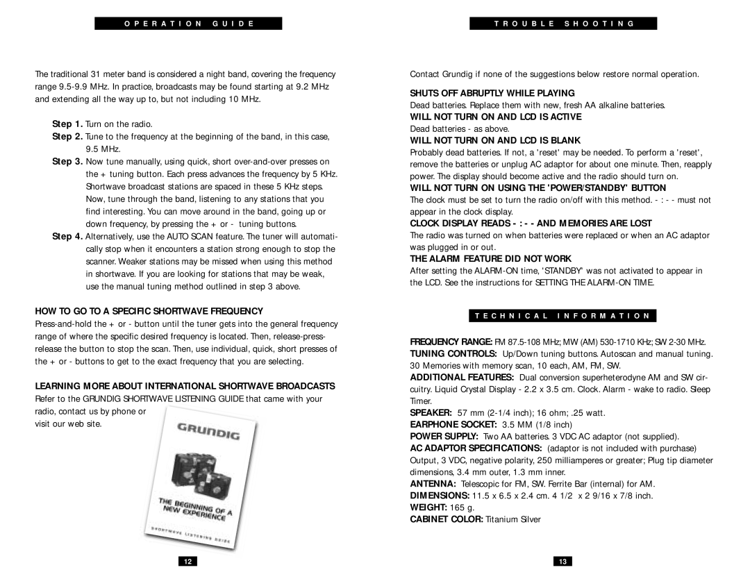 Grundig WORLD RECEIVER operation manual HOW to GO to a Specific Shortwave Frequency, Shuts OFF Abruptly While Playing 