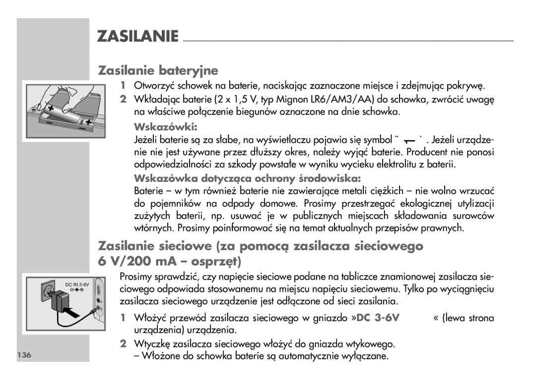 Grundig WR 5405 manual Zasilanie bateryjne, Wskazówki 