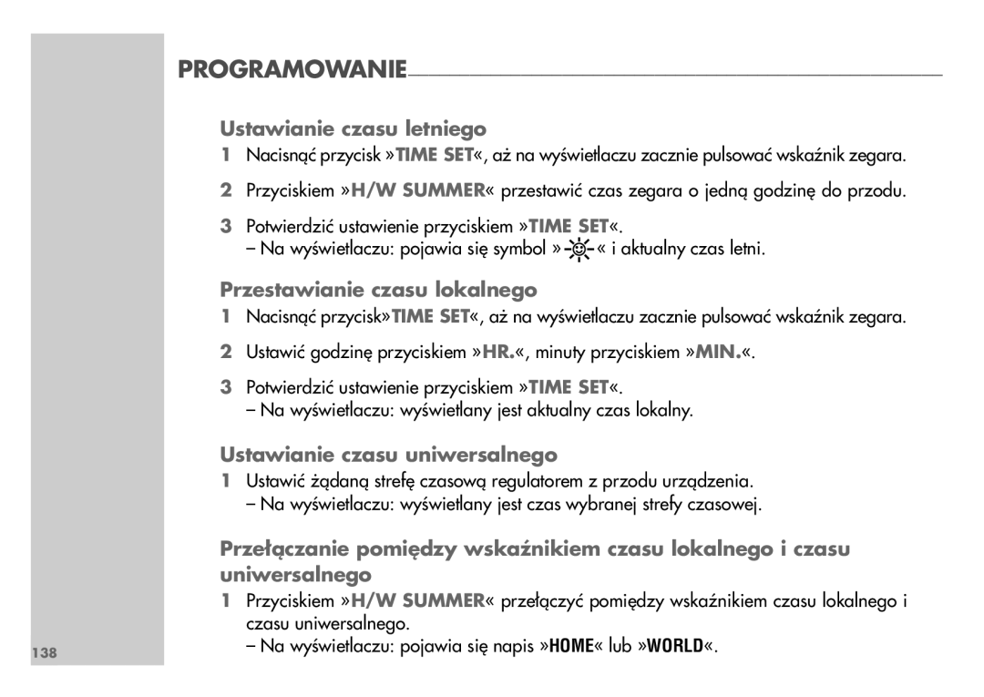 Grundig WR 5405 manual Ustawianie czasu letniego, Przestawianie czasu lokalnego, Ustawianie czasu uniwersalnego 