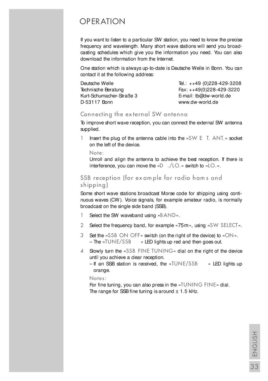 Grundig WR 5408 PLL manual Connecting the external SW antenna, SSB reception for example for radio hams and shipping 