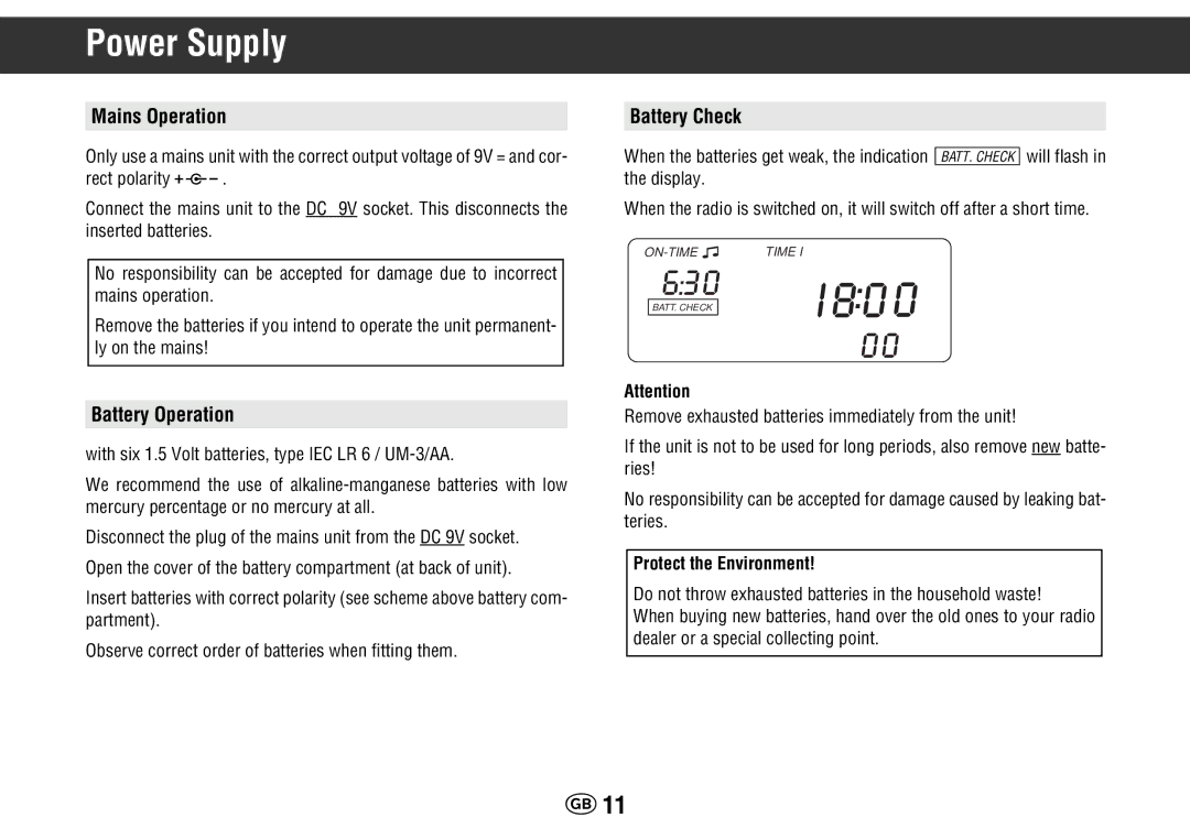 Grundig Yacht Boy 400 manual Power Supply, Mains Operation, Battery Operation, Battery Check, Protect the Environment 