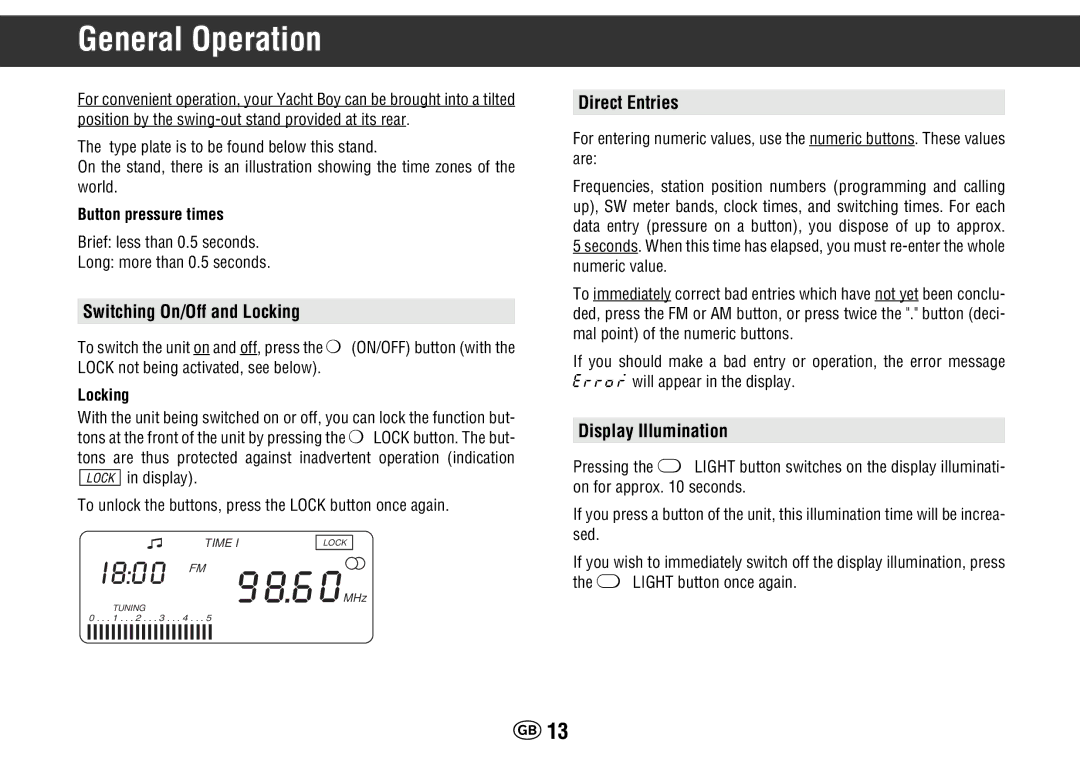 Grundig Yacht Boy 400 manual General Operation, Switching On/Off and Locking, Direct Entries, Display Illumination 