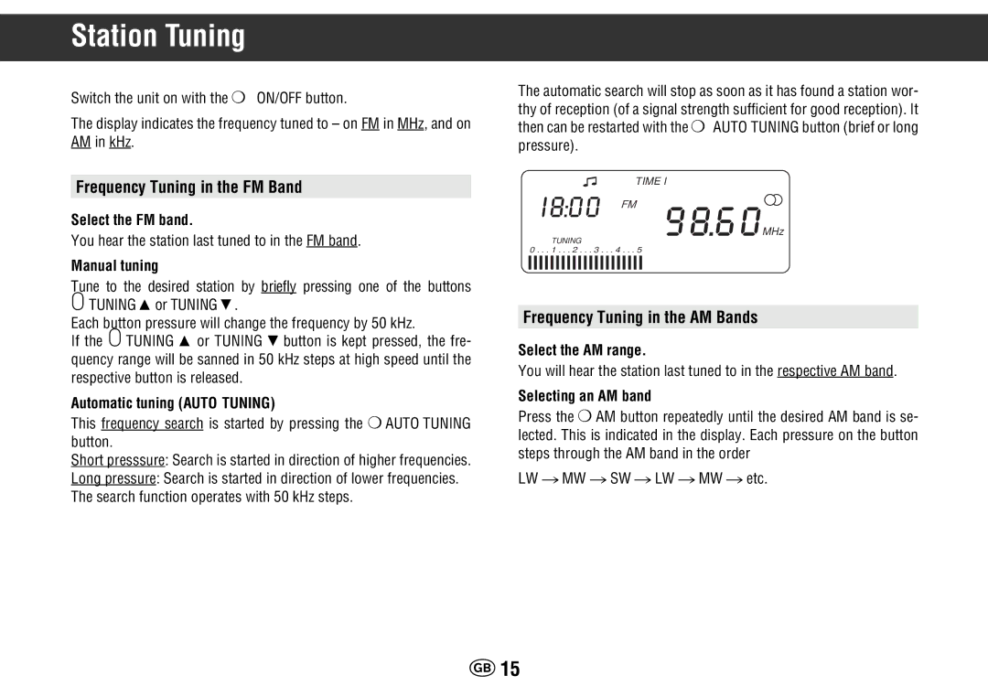 Grundig Yacht Boy 400 manual Station Tuning, Frequency Tuning in the FM Band, Frequency Tuning in the AM Bands 