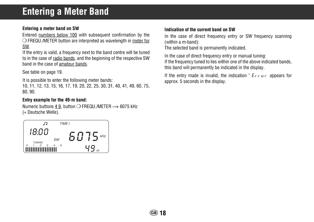 Grundig Yacht Boy 400 manual Entering a Meter Band, Entering a meter band on SW, Entry example for the 49-m band 