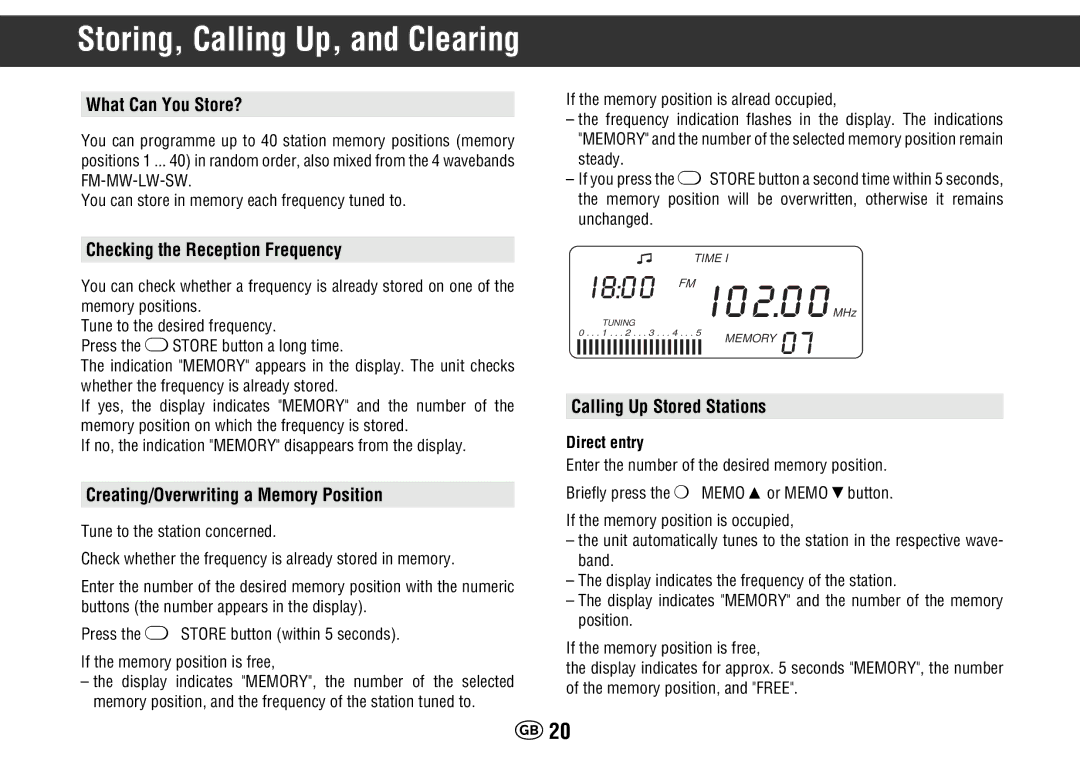 Grundig Yacht Boy 400 manual What Can You Store?, Checking the Reception Frequency, Creating/Overwriting a Memory Position 