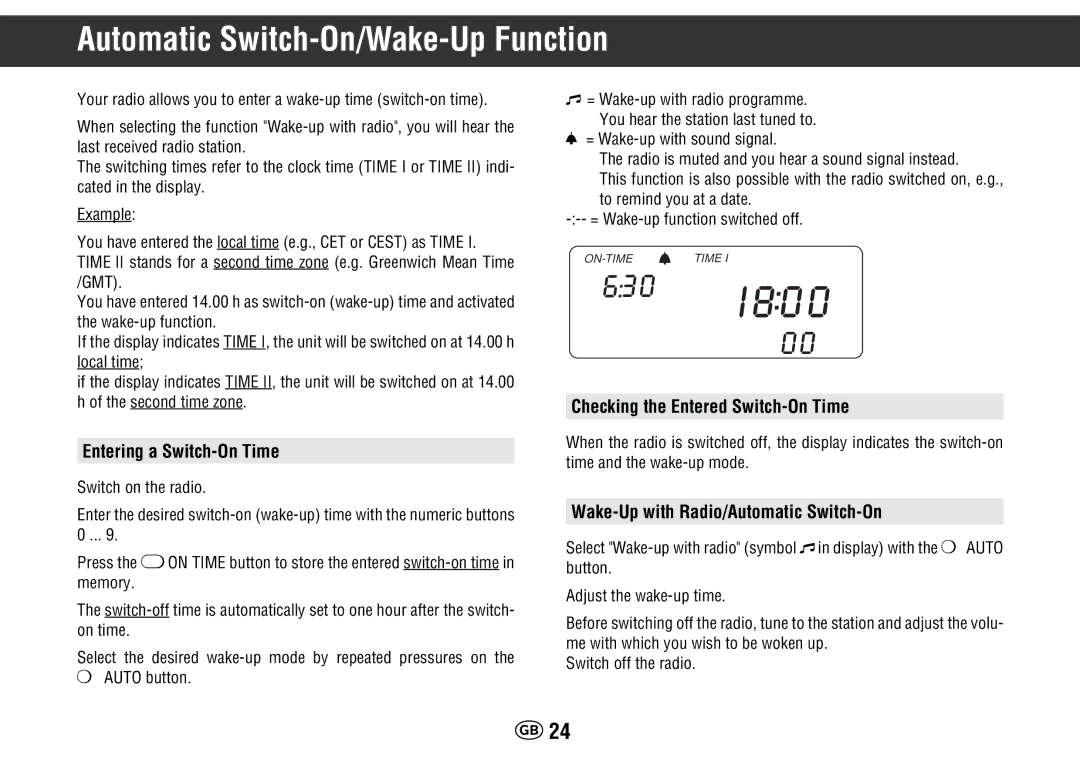 Grundig Yacht Boy 400 Automatic Switch-On/Wake-Up Function, Entering a Switch-On Time, Checking the Entered Switch-On Time 