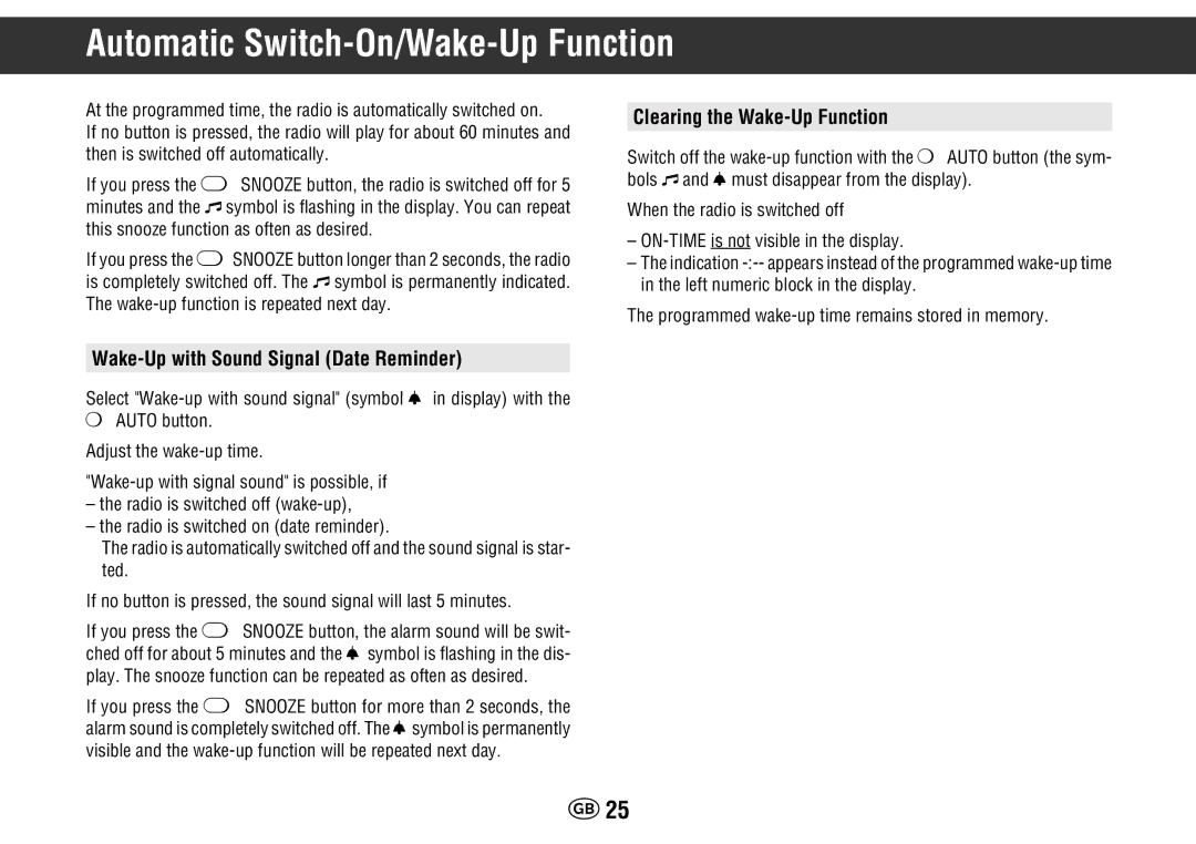 Grundig Yacht Boy 400 manual Wake-Up with Sound Signal Date Reminder, Clearing the Wake-Up Function 