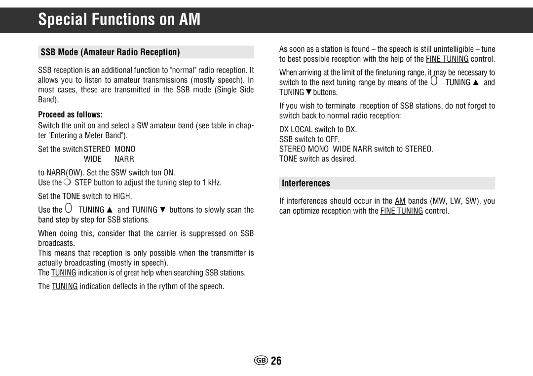 Grundig Yacht Boy 400 manual Special Functions on AM, SSB Mode Amateur Radio Reception, Interferences, Proceed as follows 