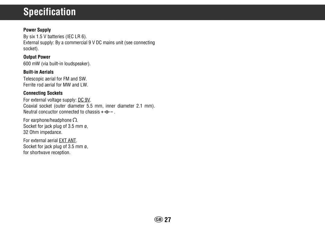 Grundig Yacht Boy 400 manual Specification, Power Supply, Output Power, Built-in Aerials, Connecting Sockets 