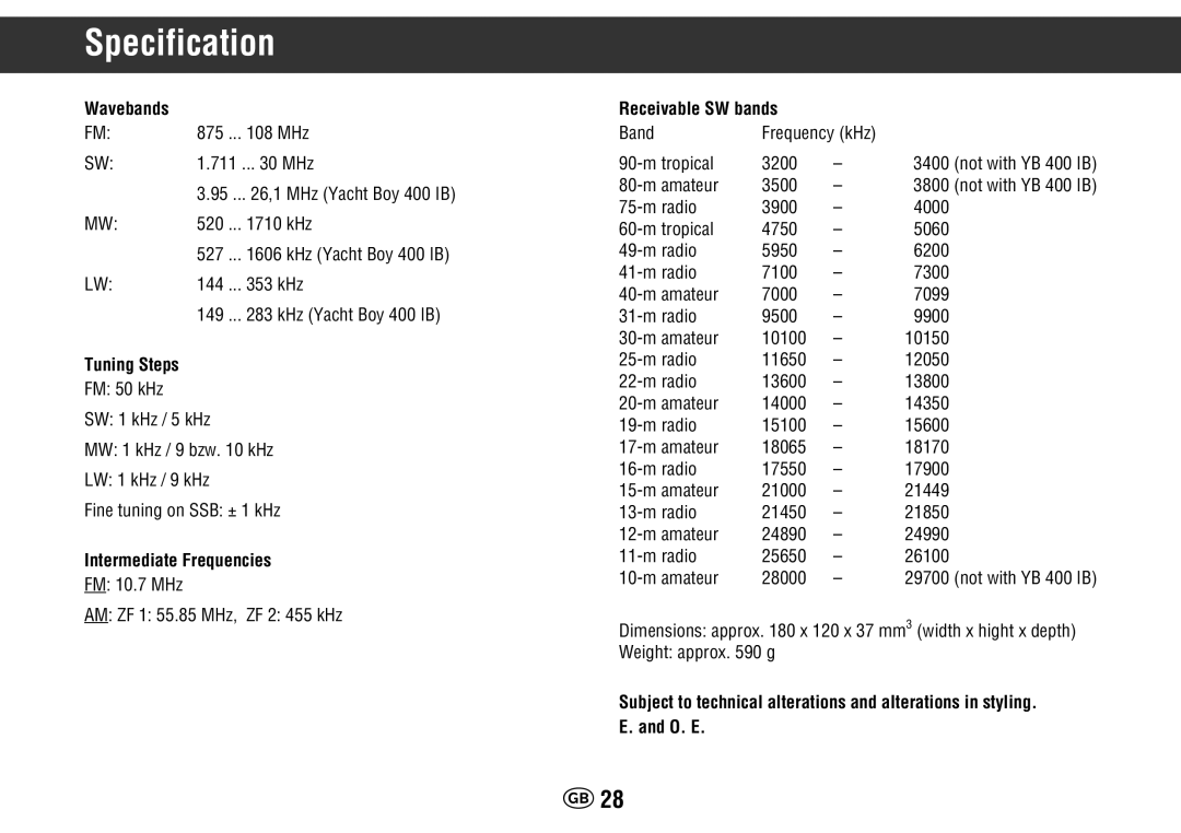 Grundig Yacht Boy 400 manual Tuning Steps, Intermediate Frequencies, Receivable SW bands 