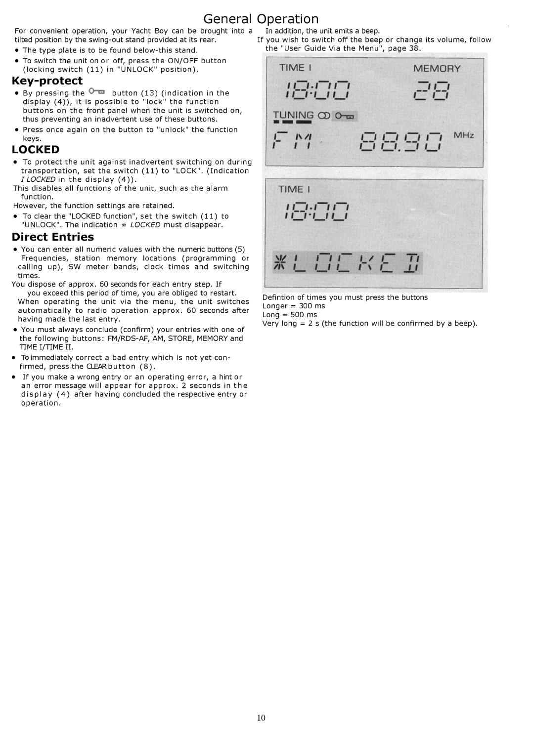 Grundig YB500 General Operation, Key-protect, Direct Entries, Calling up, SW meter bands, clock times and switching times 