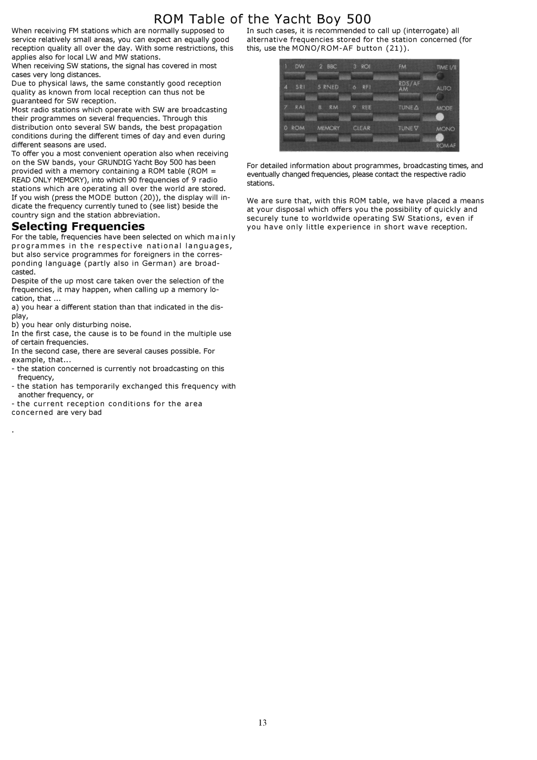 Grundig YB500 owner manual ROM Table of the Yacht Boy, Selecting Frequencies 