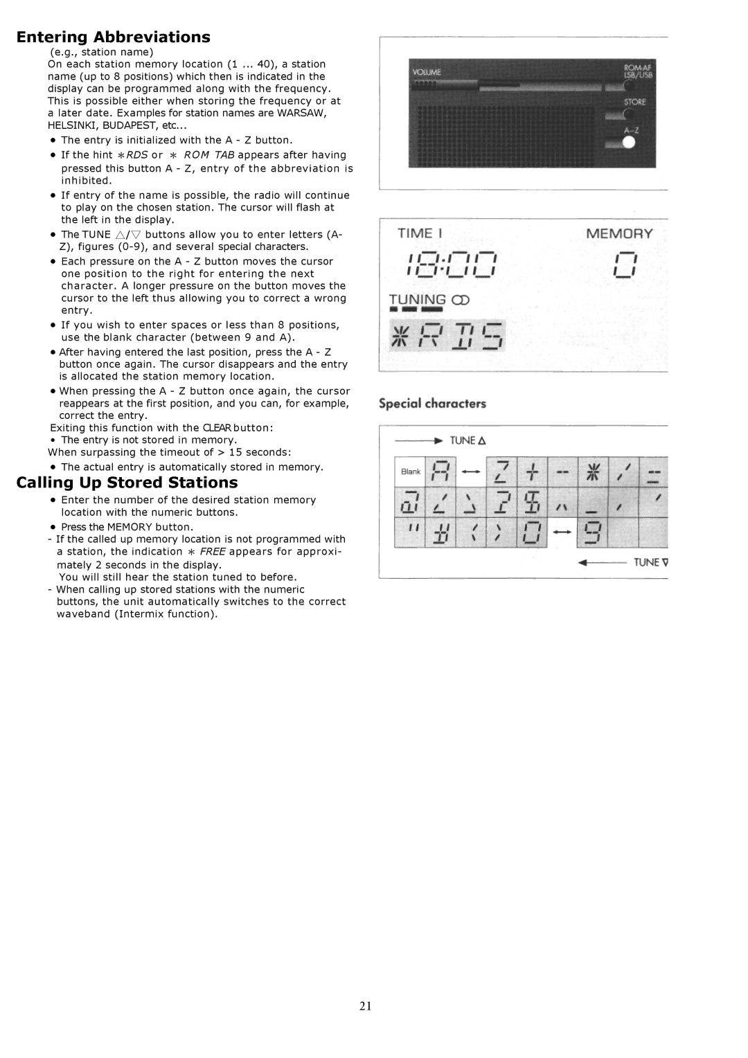 Grundig YB500 owner manual Entering Abbreviations, Calling Up Stored Stations 