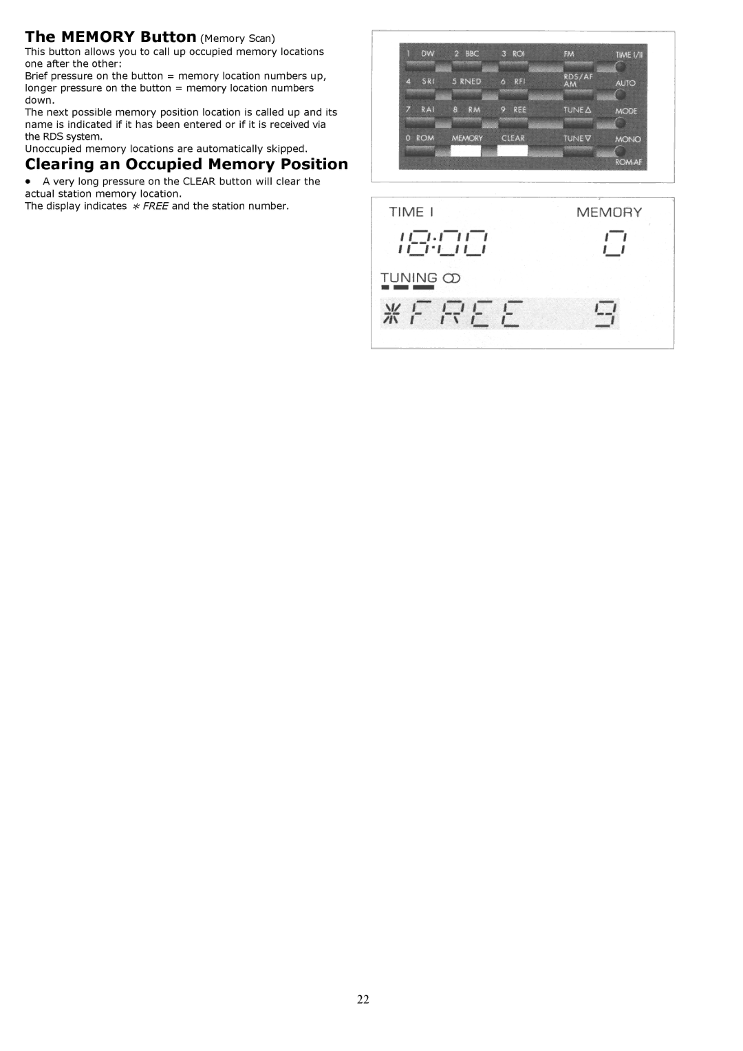 Grundig YB500 owner manual Memory Button Memory Scan, Clearing an Occupied Memory Position 