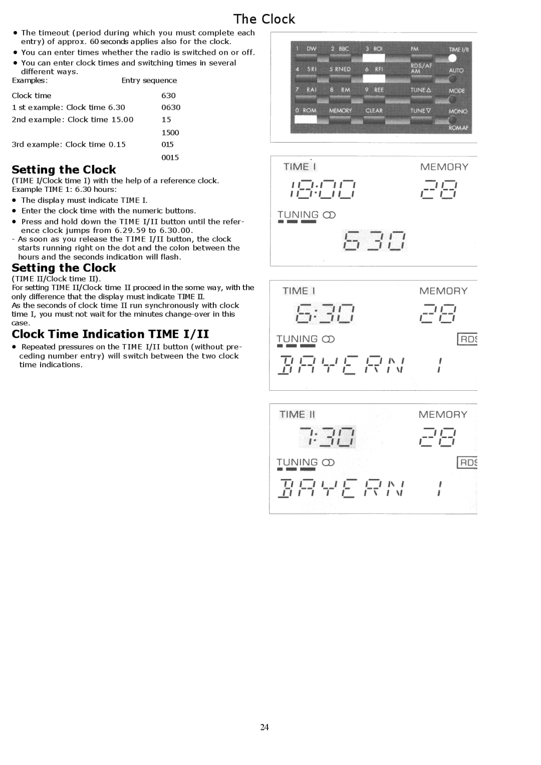 Grundig YB500 owner manual Setting the Clock, Clock Time Indication Time I/II 