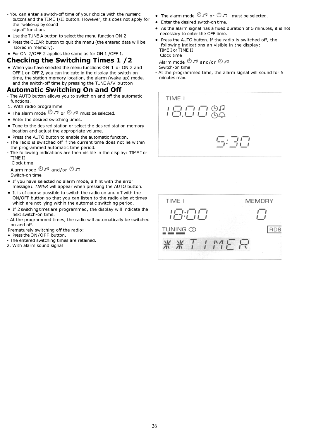 Grundig YB500 Checking the Switching Times 1 /2, Automatic Switching On and Off, Alarm mode and/or Switch-on time 