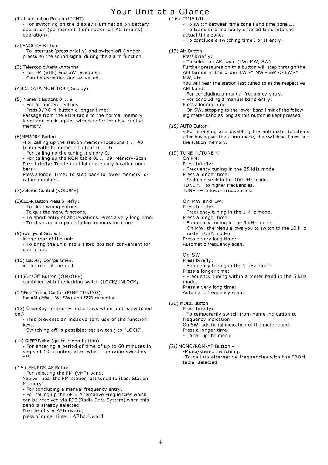 Grundig YB500 owner manual Your Unit at a Glance, Press a longer time = AF backward 