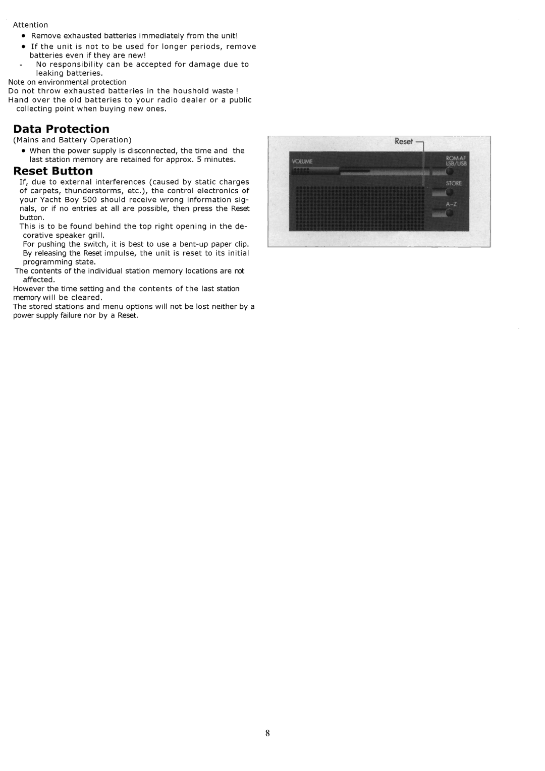 Grundig YB500 owner manual Data Protection, Reset Button, Mains and Battery Operation 